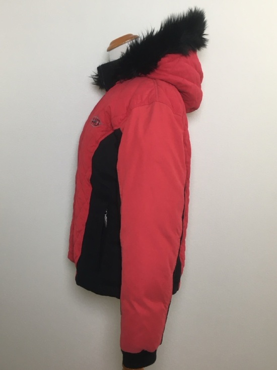 Harley Davidson | Red Quilted Hooded Jacket with Black Panels and Faux Fur - Picture 2 of 14